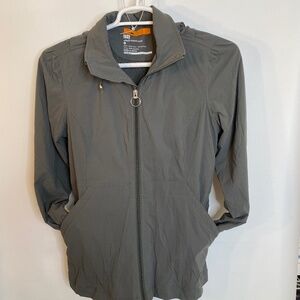 Lucy Flex Urban Travel Coat,Women's full zip,removable hood,stretchy Sz-M GRAY